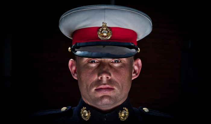 Royal Marine Soldier staring straight ahead into the camera