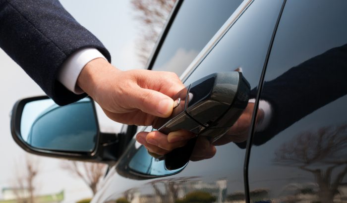 Private staff driver opening door for client